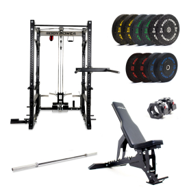 Body Power TITAN Full Power Rack - Upgraded, with 170kg Rubber Crumb Olympic Bumper Plate and Bar Set plus F2I V2 Bench