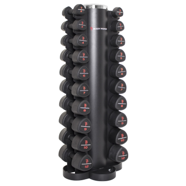 image of Body Power 10 Pair Vertical Dumbbell Rack and 2kg-12kg Studio Dumbbells