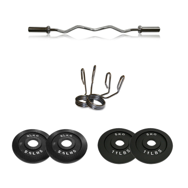 image of Body Power Olympic EZ Curl Bar with Olympic Spring Collars & 15kg Olympic Weight Plate Set