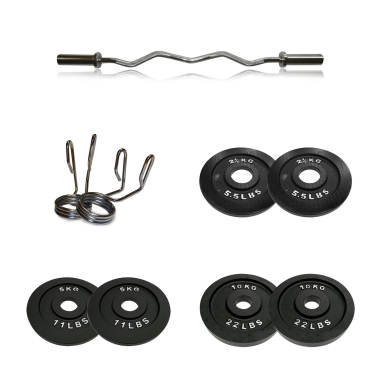 image of Body Power Olympic EZ Curl Bar with Olympic Spring Collars & 35kg Olympic Weight Plate Set
