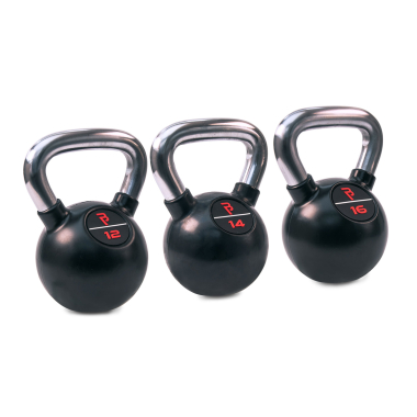 image of Body Power Premium Black Rubber Coated Kettlebells with Chrome Handle Set (12kg, 14kg, 16kg)