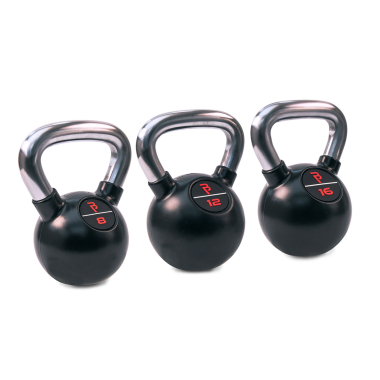 image of Body Power Premium Black Rubber Coated Kettlebells with Chrome Handle Set (8kg, 12kg, 16kg)