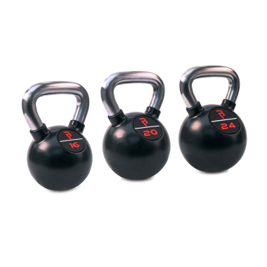 image of Body Power Premium Black Rubber Coated Kettlebells with Chrome Handle Set (16kg, 20kg, 24kg)