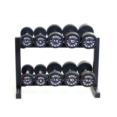 image of Body Power Pro Round Rubber Dumbbell Set - 2.5kg to 12.5kg & 2-Tier 32in Rack