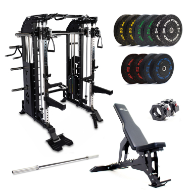 image of Body Power TITAN MFT Elite - Multi-Functional Trainer with Counterbalanced Smith Machine and Half Rack, 170kg Rubber Crumb Olympic Bumper Plate and Bar Set and F2I V2 Bench