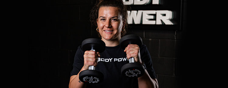 Chantelle Cameron with the Body Power Pro Round Rubber Dumbbells